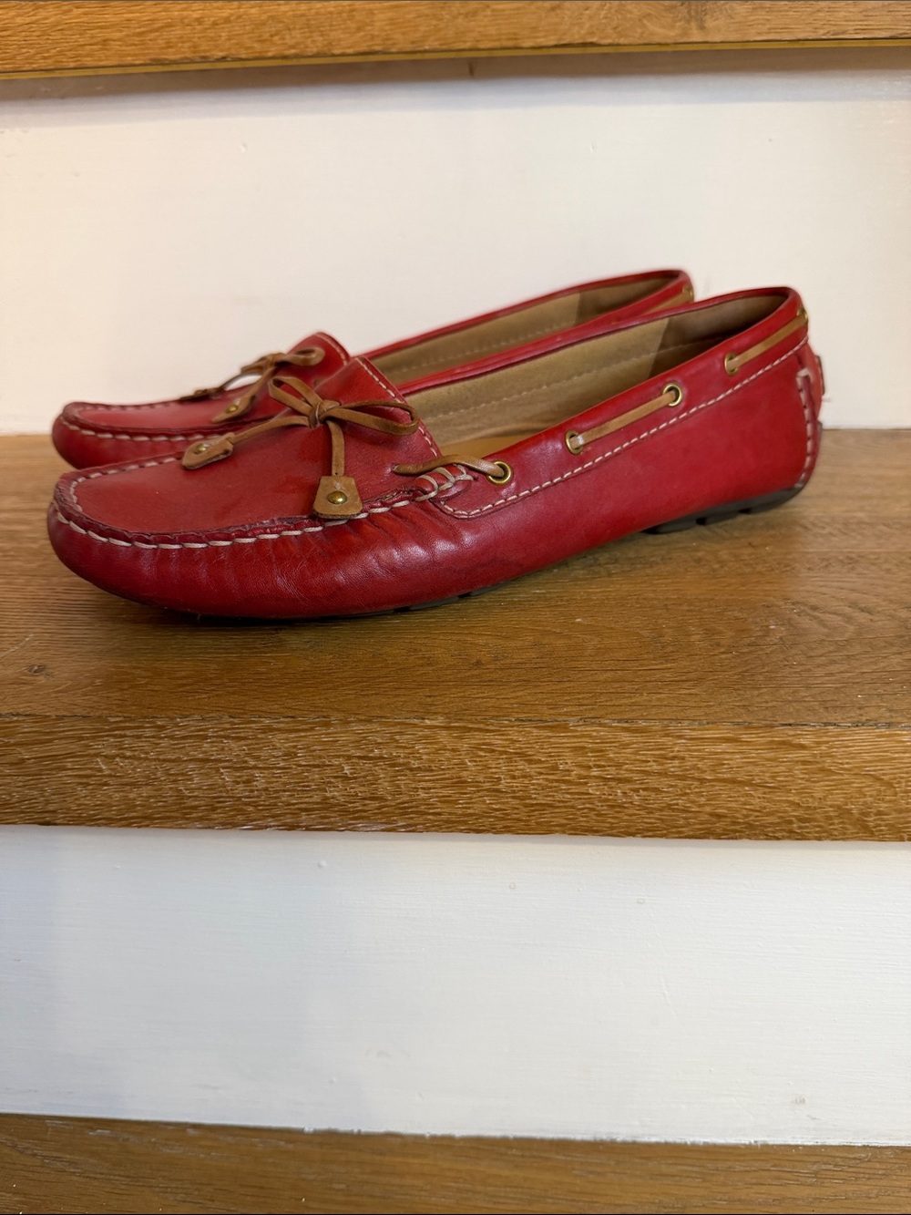 Clarks Women’s Red Leather Moccasin Loafers with Tan Laces